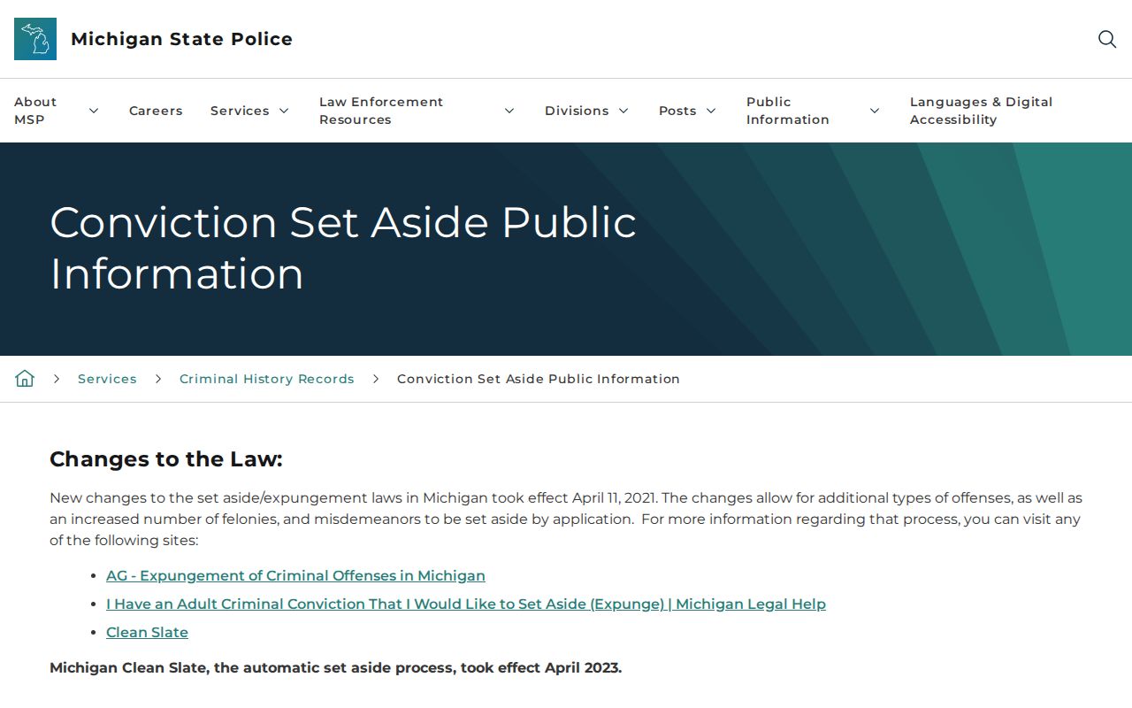 Tuscola County criminal record set-aside instructions from Michigan State Police