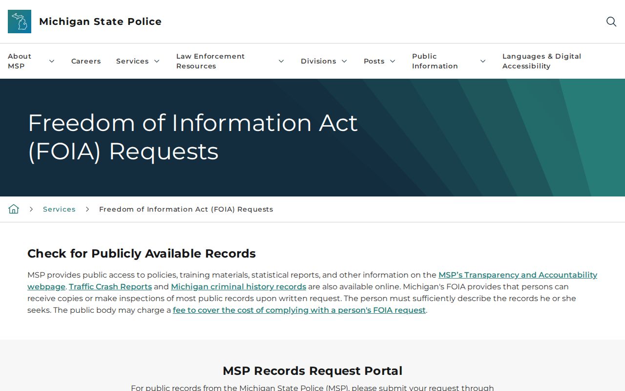 Michigan State Police official FOIA request webpage