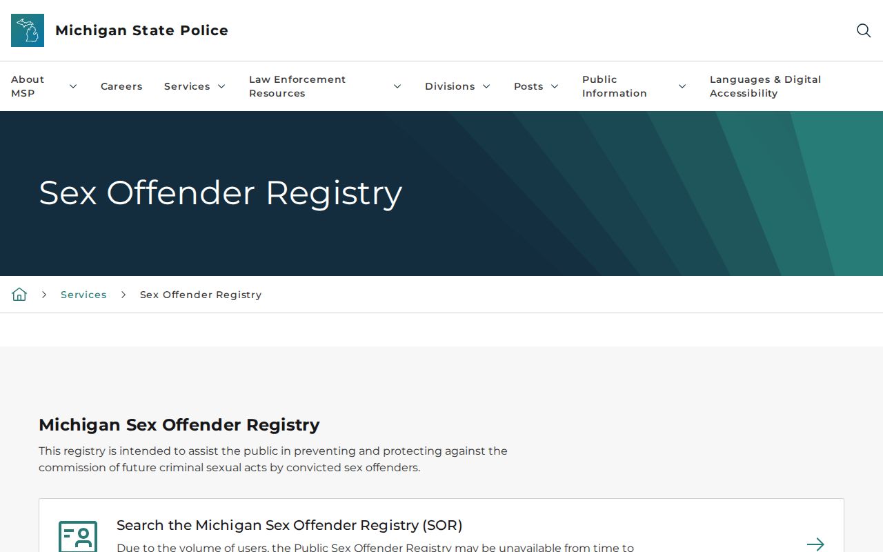 Michigan State Police sex offender registry information webpage