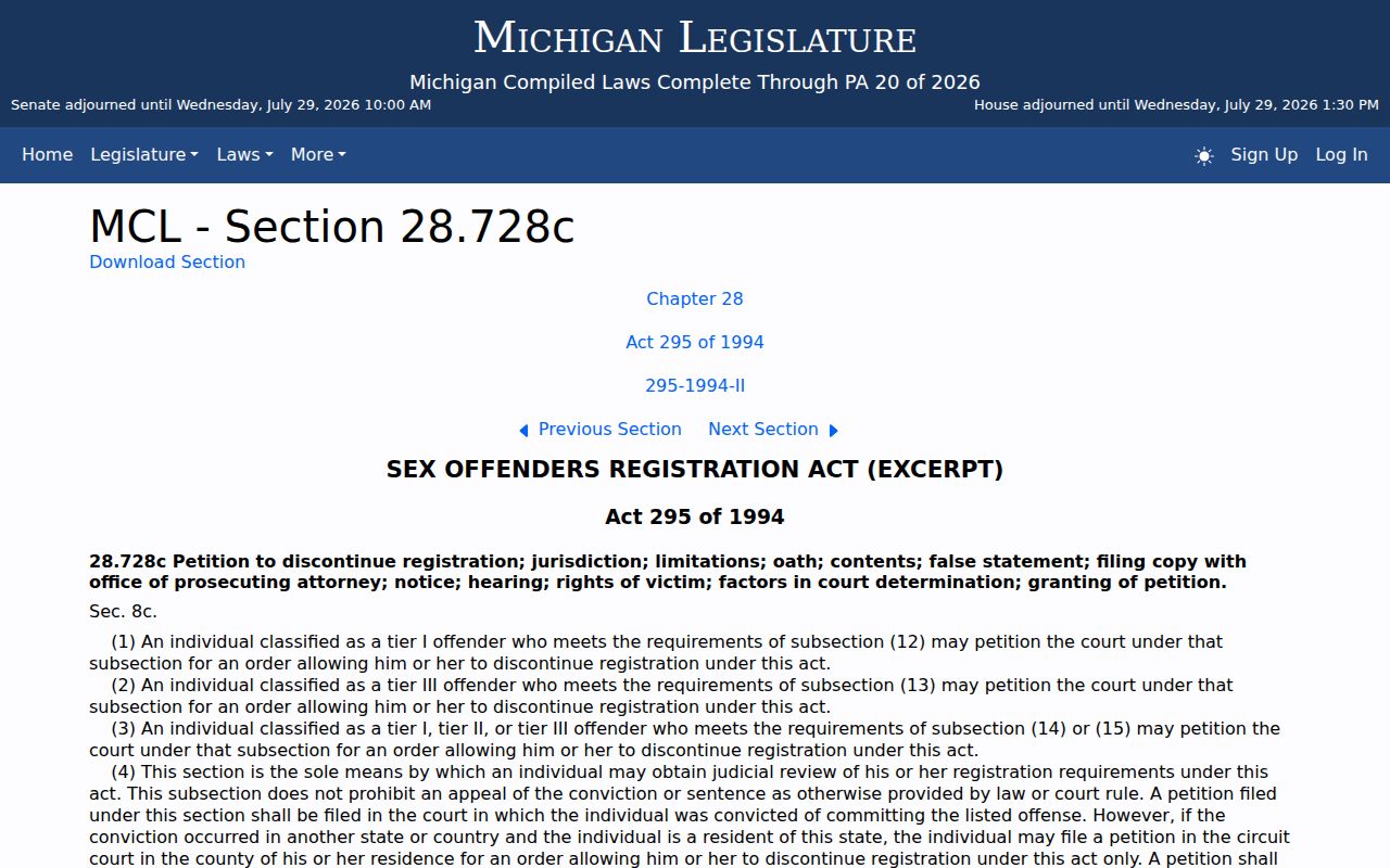 Michigan law governing public sex offender registry publication